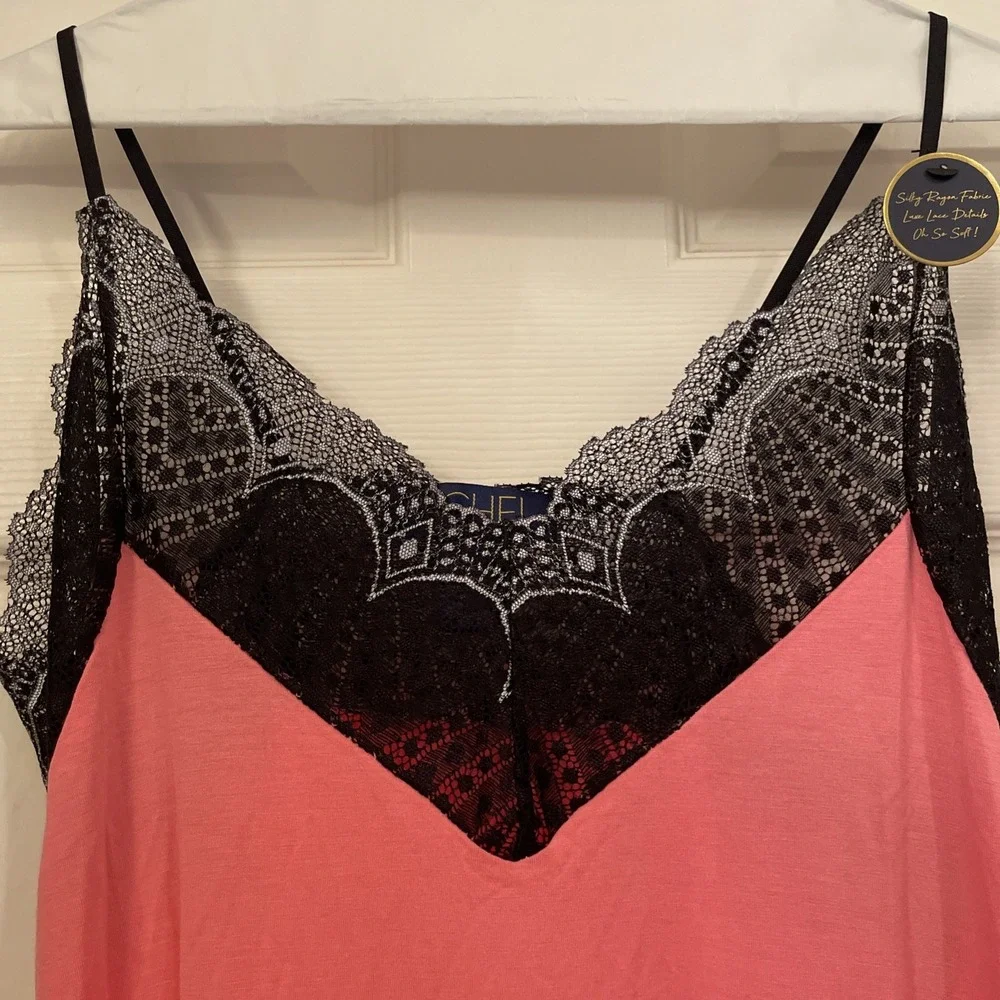 NWT Rachel Roy Pink Spaghetti Strap Black‎ Lace Trim Nightgown Sz S